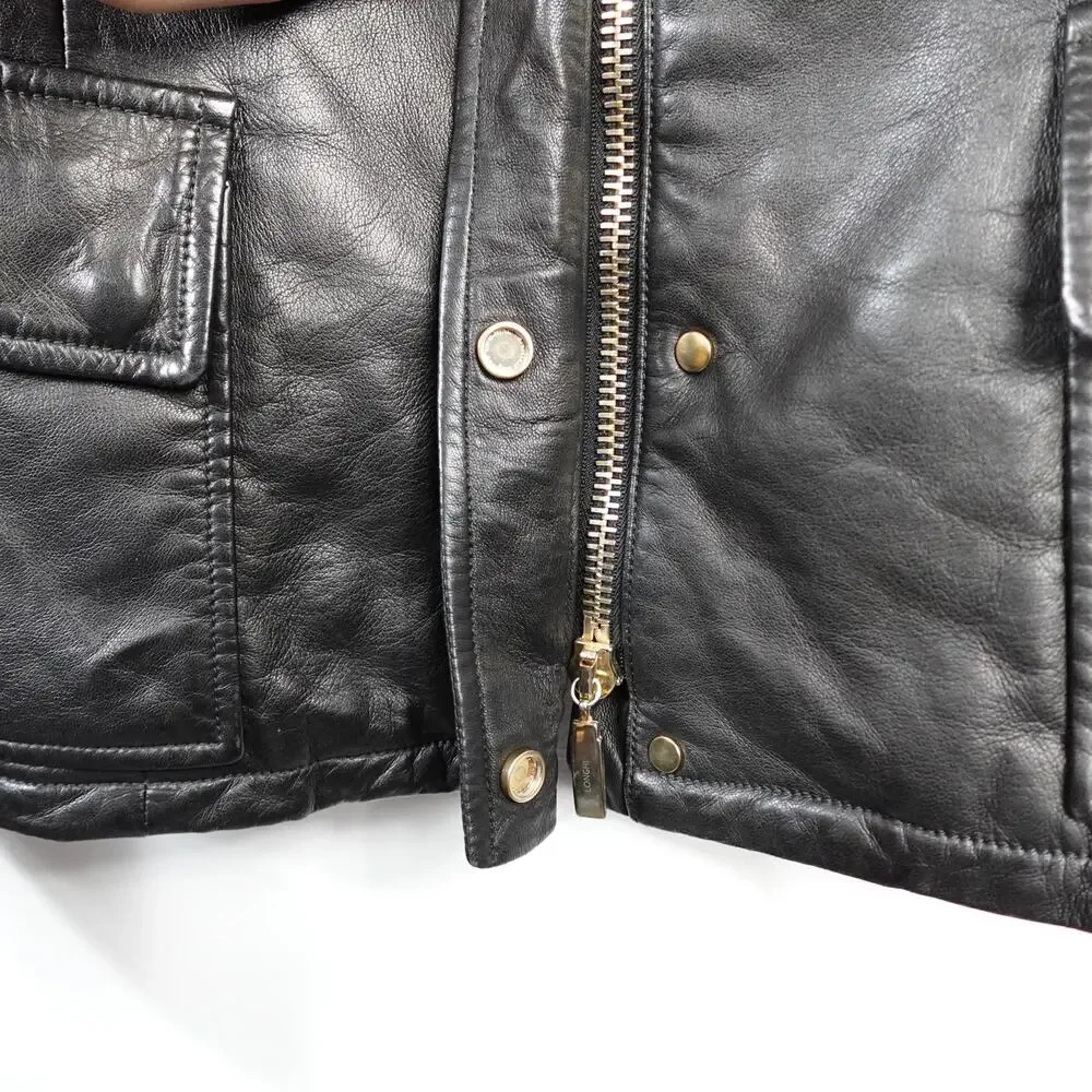 Longhi Black Leather Collared Cargo Utility Moto Biker Jacket Men's 46 Small